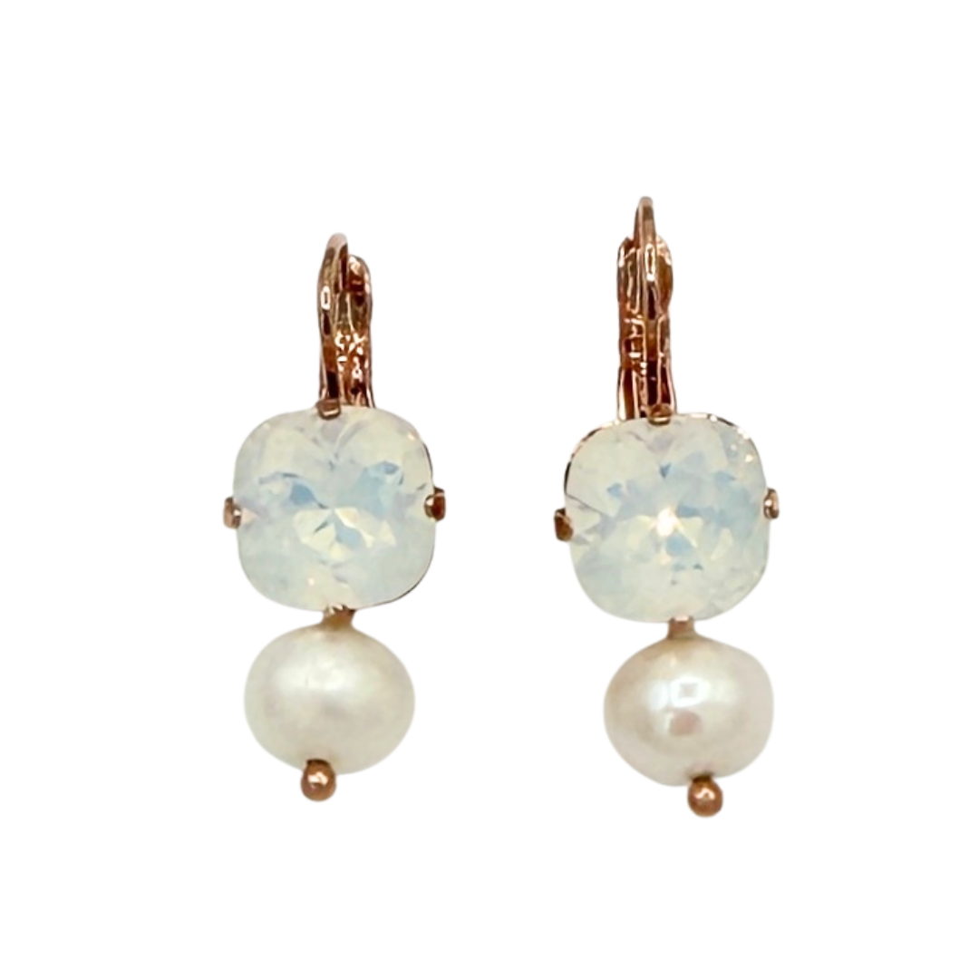 Mariana New Cushion Crystal  Over Pearl Drop Earring Moonlight on Rose Gold