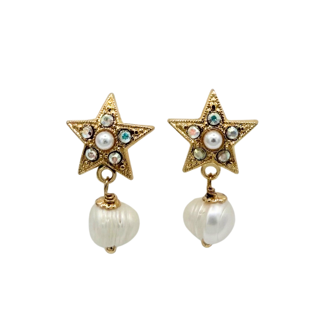 Mariana Star Earring Clear/Pearl on Gold POST 