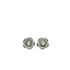 A pair of silver-toned flower-shaped stud earrings with white faux pearls in the center and small clear rhinestones around the petals, shown on a plain white background.