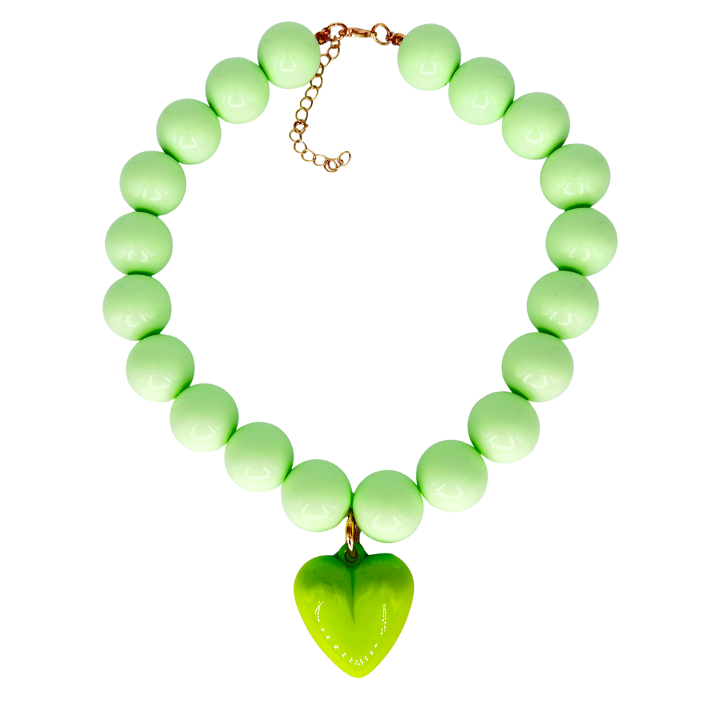 Peridot Green Acrylic Bauble Bead Statement Necklace With Heart