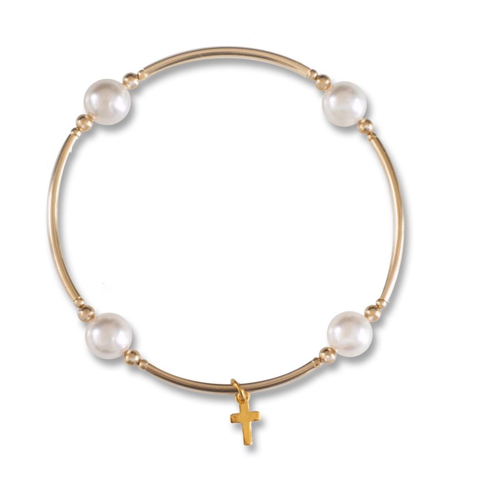 Blessing Bracelet With Tiny Cross in White Pearl on Gold Fill