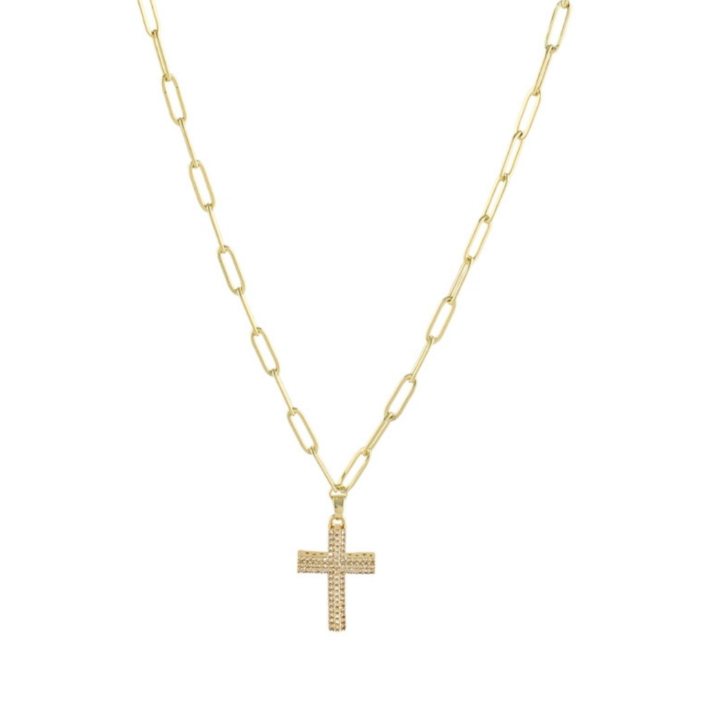 Pave Cross Necklace on Gold Paperclip Chain