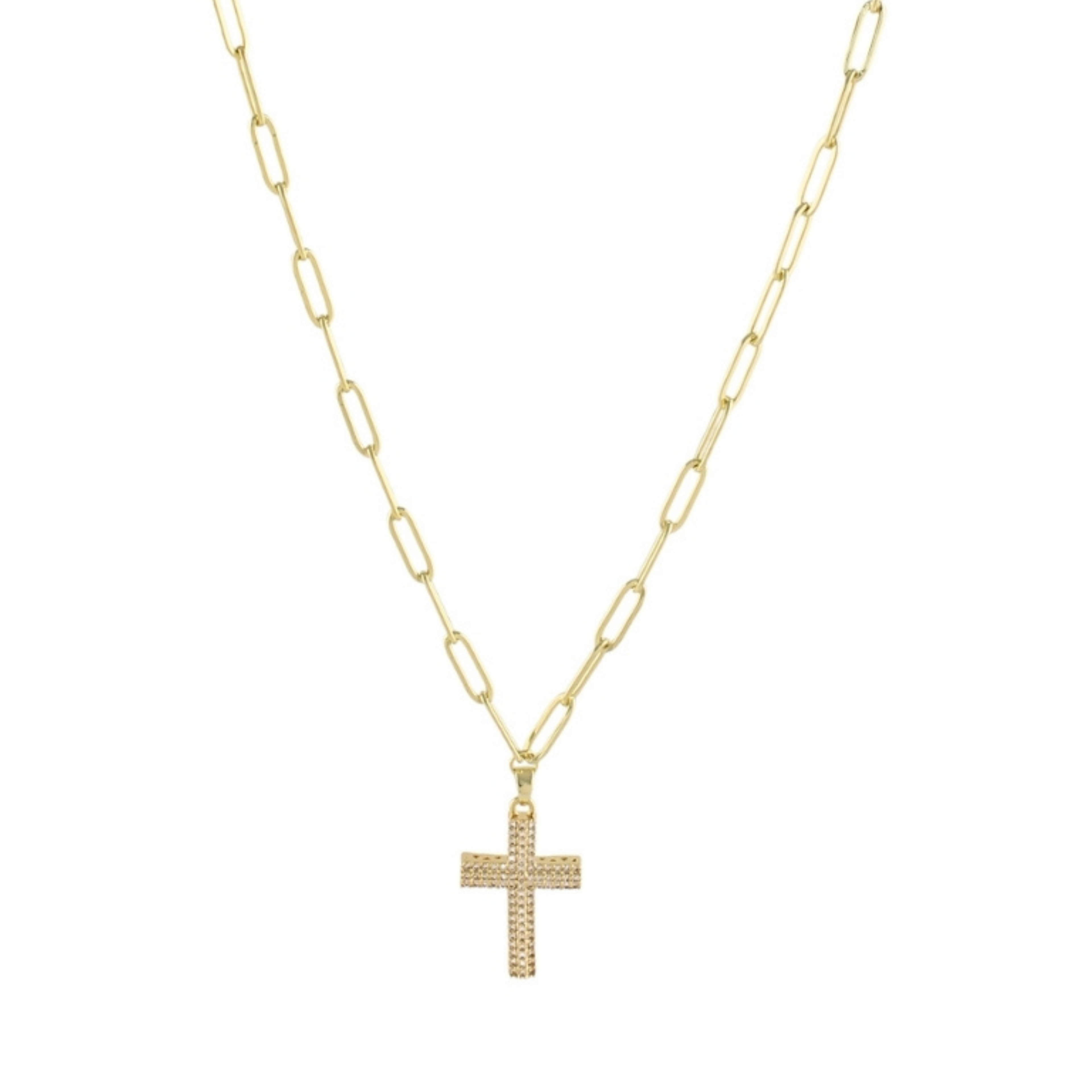 Pave Cross Necklace on Gold Paperclip Chain