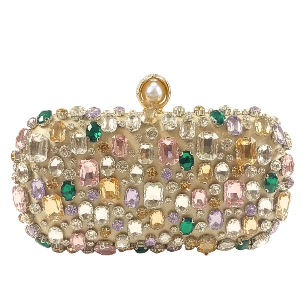Jewel Encrusted Art Deco Party Purse Gold/Green/Pink