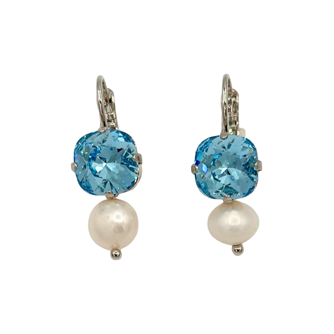 Mariana Cushion Cut Double Drop Earrings Ice Blue With Pearl on Rhodium