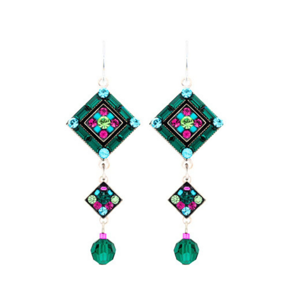 Firefly Emerald Two Tier Diamond Shape Earrings With Dangle