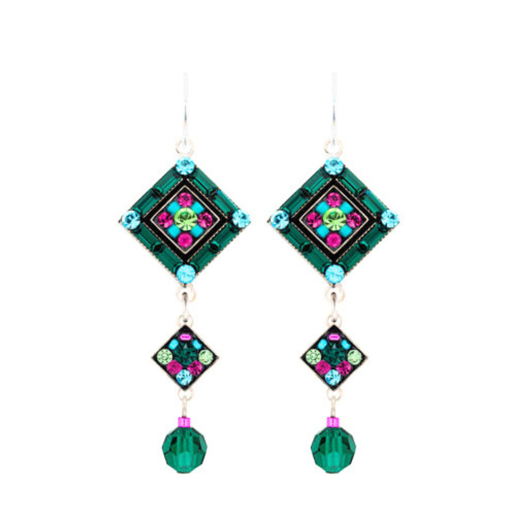 Firefly Emerald Two Tier Diamond Shape Earrings With Dangle