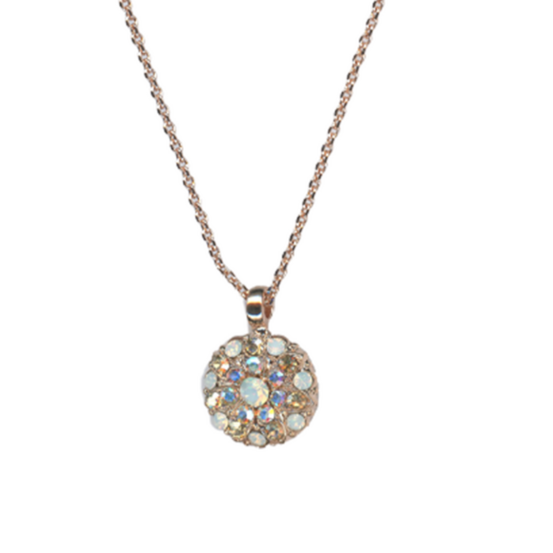 Necklace with a round, multicolored crystal pendant with Guardian Angel on reverse
