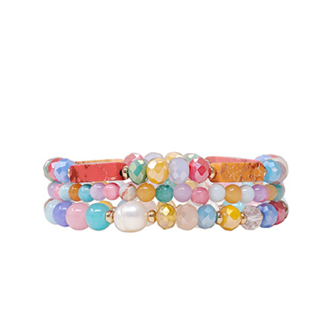 Triple Row Stretch Multi Bead Mineral/Pearl Bracelet