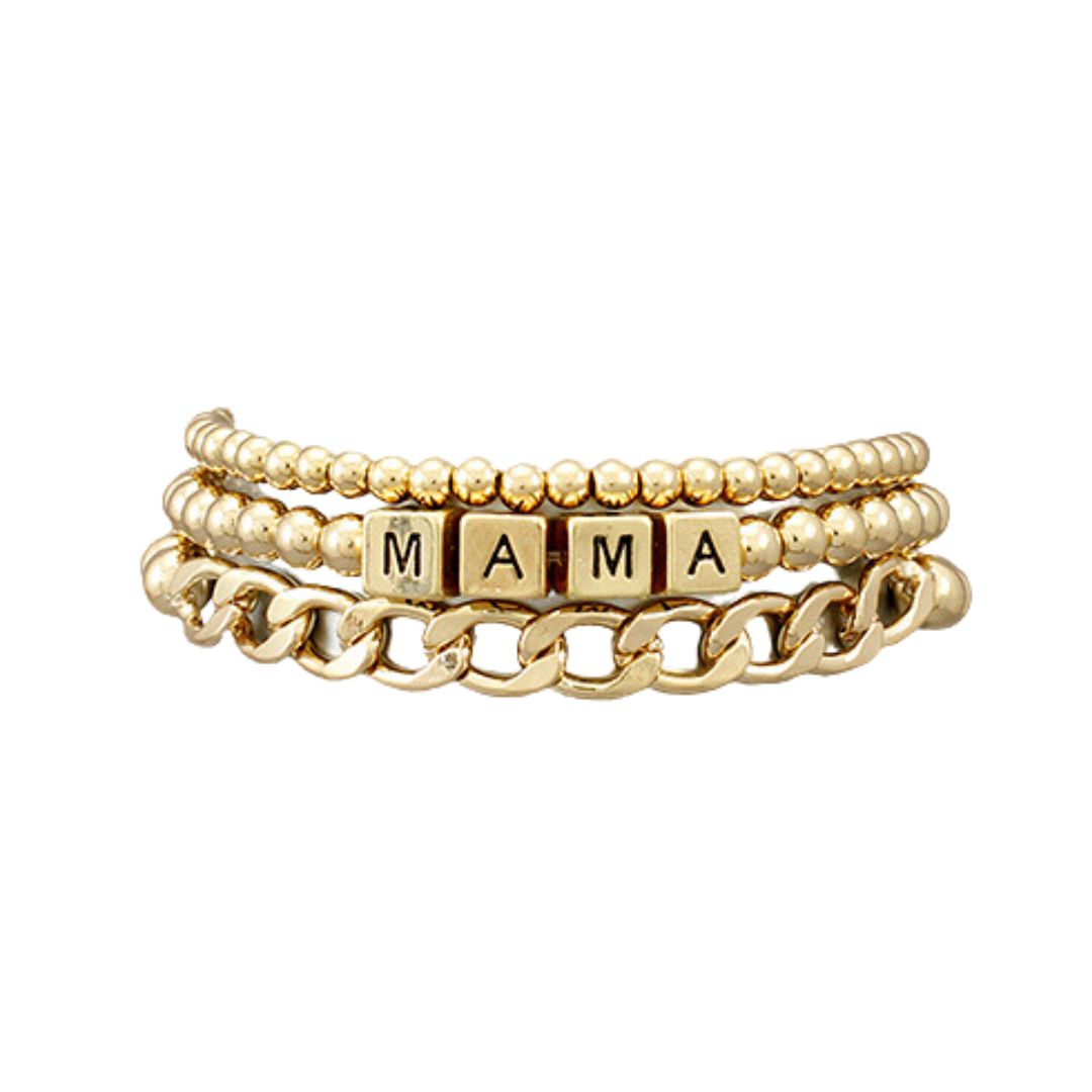 Set of Three Gold Beaded MAMA Bracelets