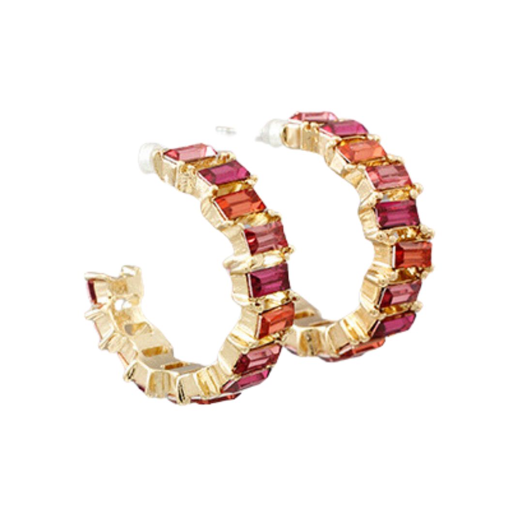 Red/Pink Baguette Crystal Hoop Earrings