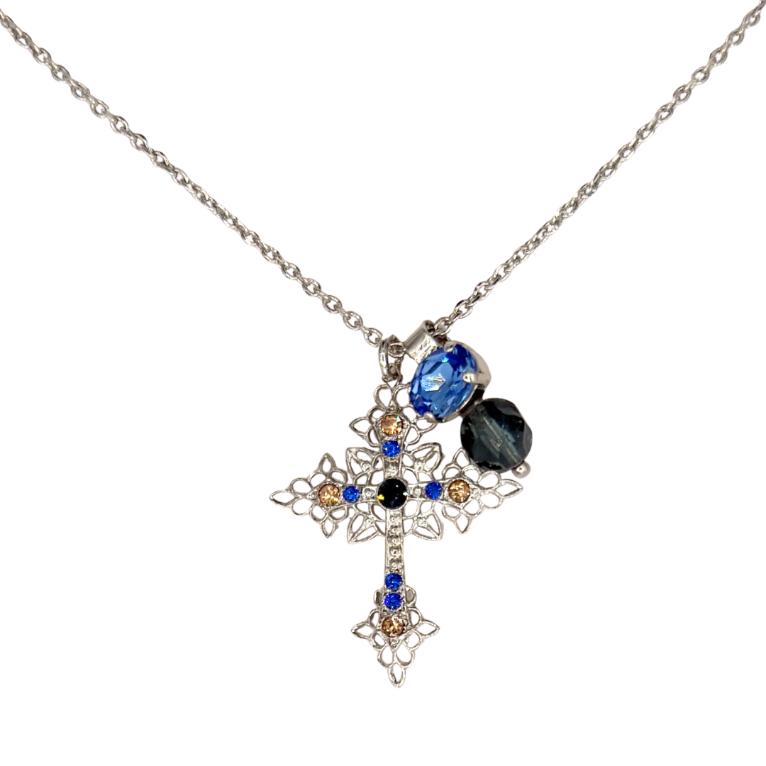 Mariana Filigree Cross With Sidecar Charm Indigo Hour on Rhodium Main image