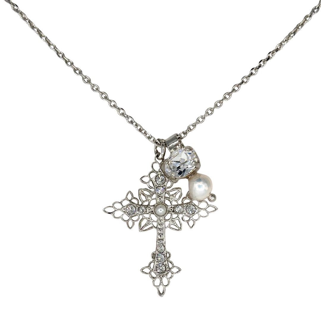 Mariana Filigree Cross With Sidecar Charm Pearl/Clear on Rhodium