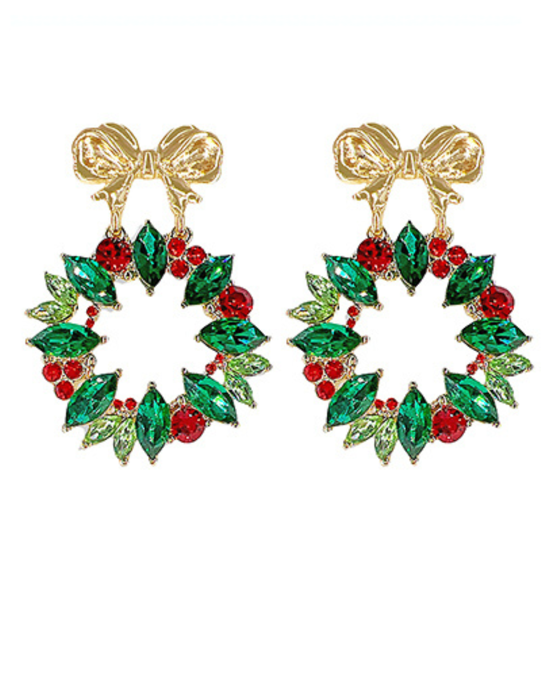 A pair of gold-tone dangle earrings designed as Christmas wreaths, featuring green marquise and round crystals for leaves and berries, with red crystal accents and bow-shaped posts at the top, shown on a plain white background. Main image