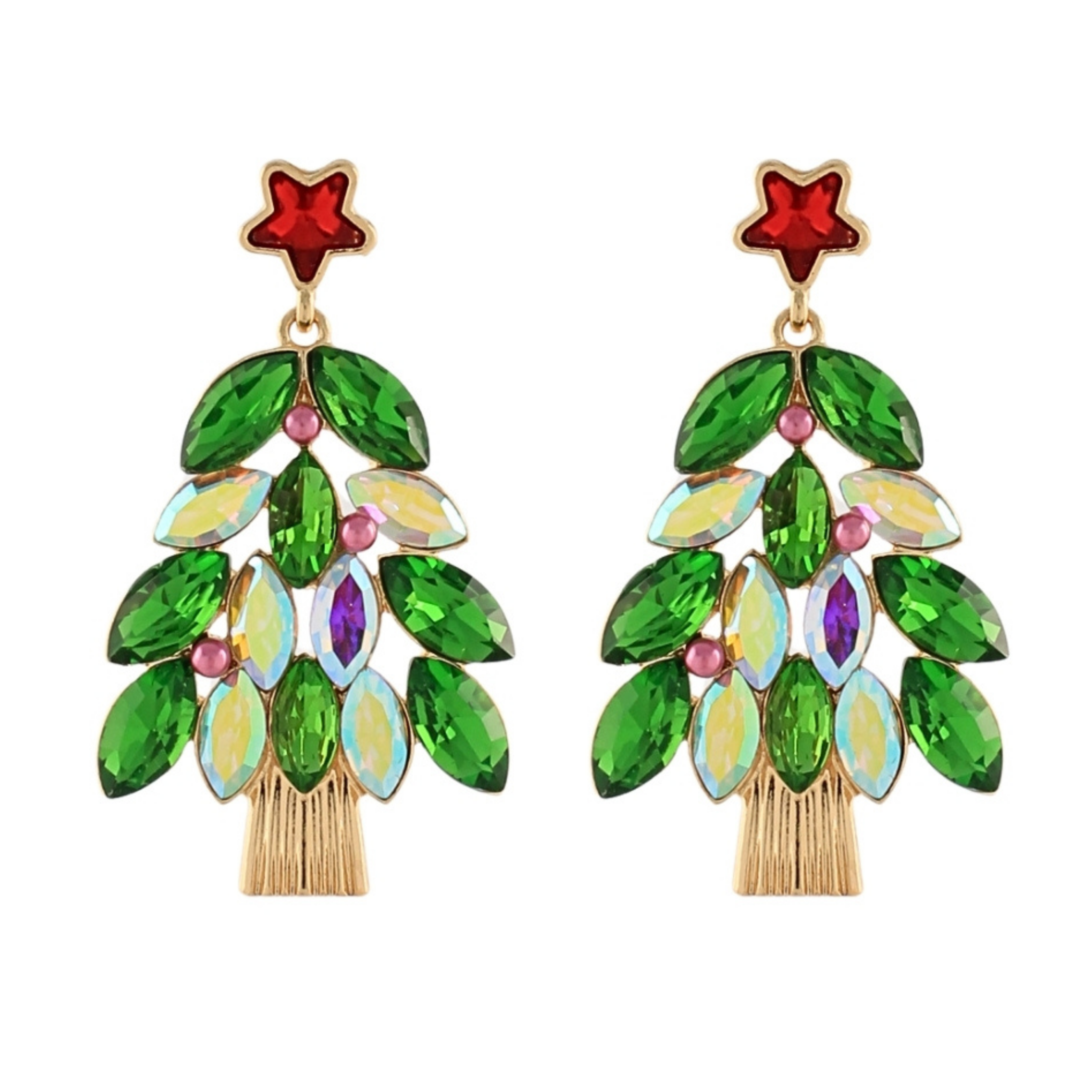 Crystal Christmas Tree Earrings With Red  Star
