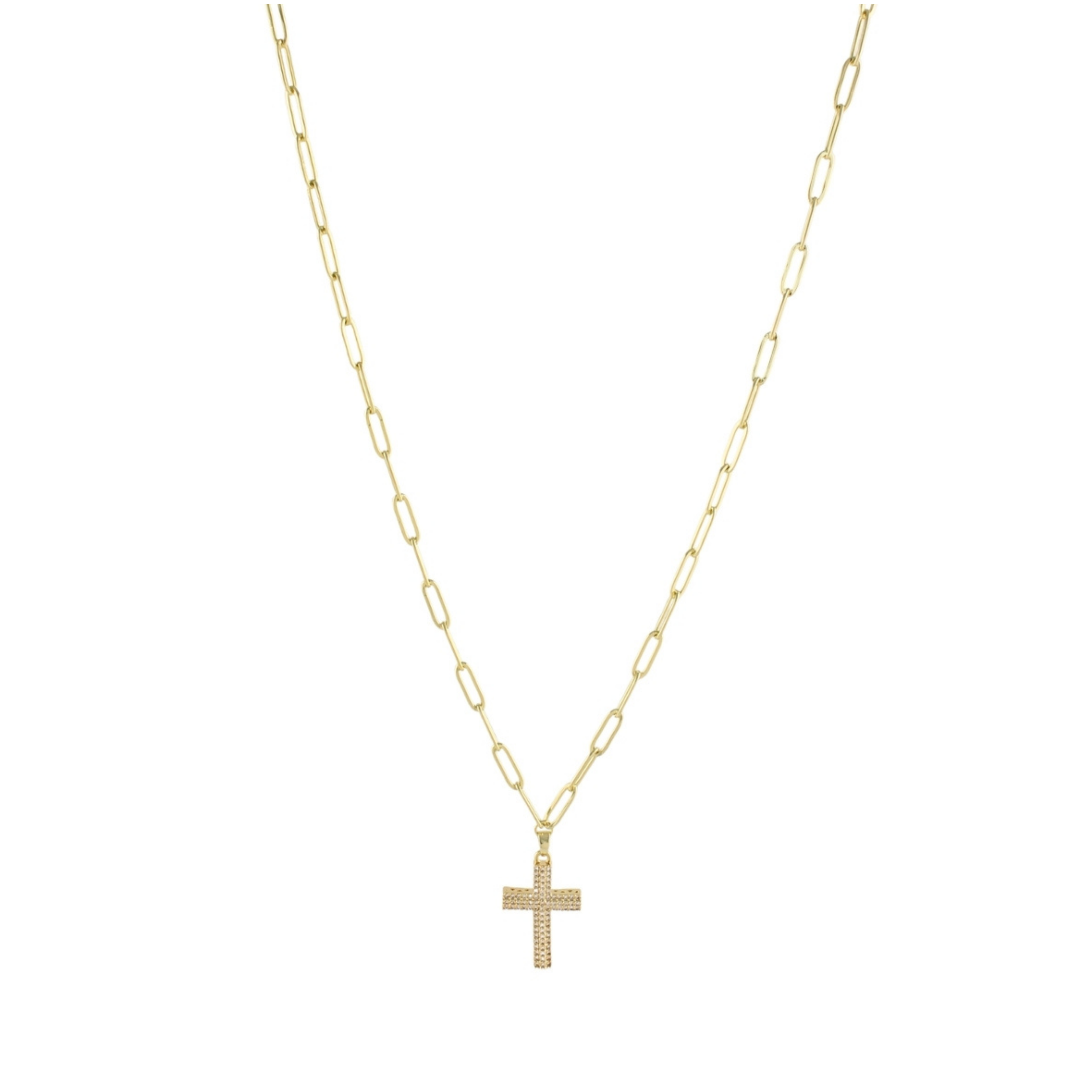 Pave Cross Necklace on Gold Paperclip Chain