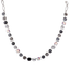 A silver-tone chain necklace featuring alternating round faceted gemstones in black, smoky gray, and iridescent white, displayed on a solid white background.