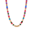 A beaded necklace featuring alternating strands of colorful round beads in red, blue, purple, green, pink, and white, separated by metallic gold spacer beads, shown against a plain white background.