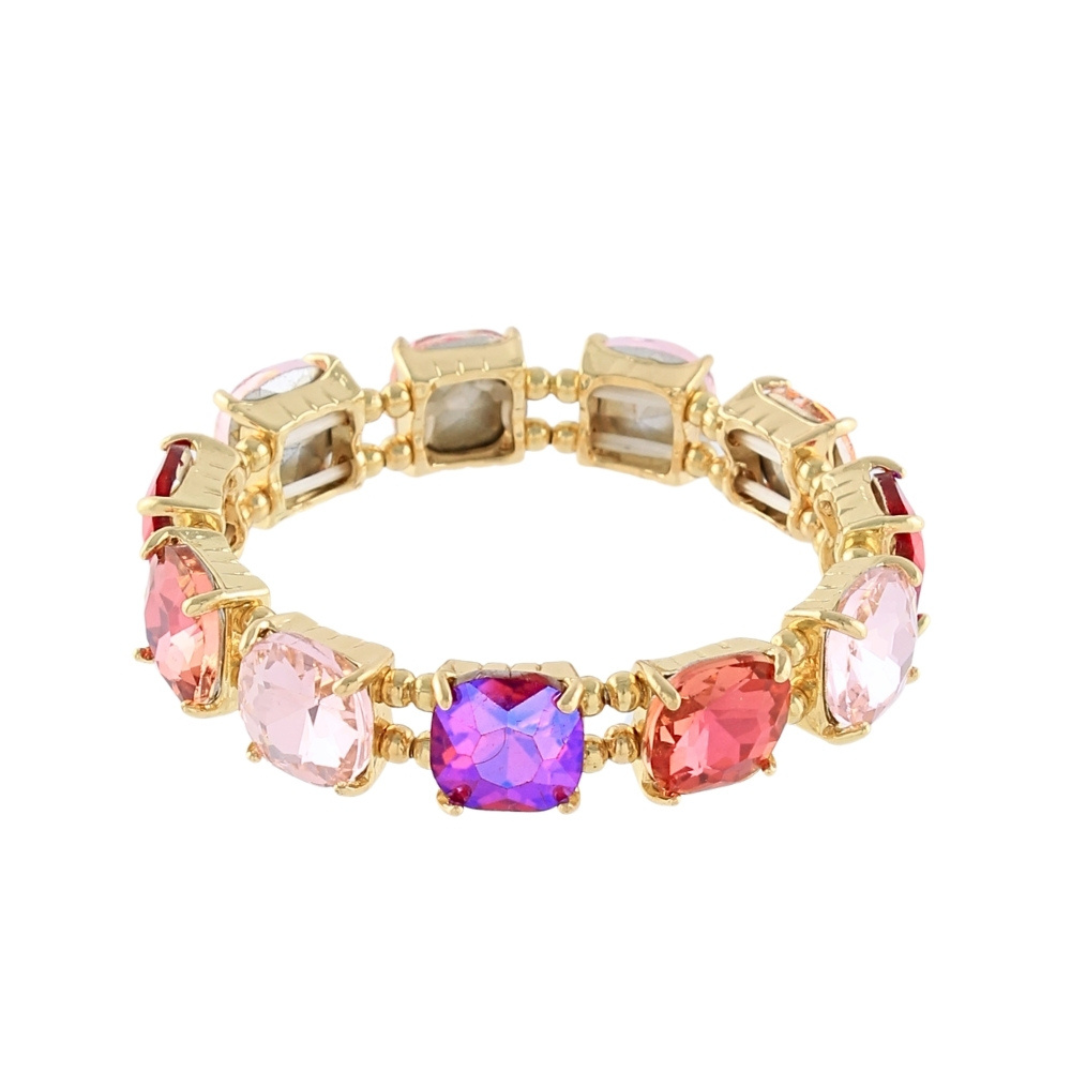 Cushion Cut Glass Stretch Bracelet Multi Pinks and Lavenders