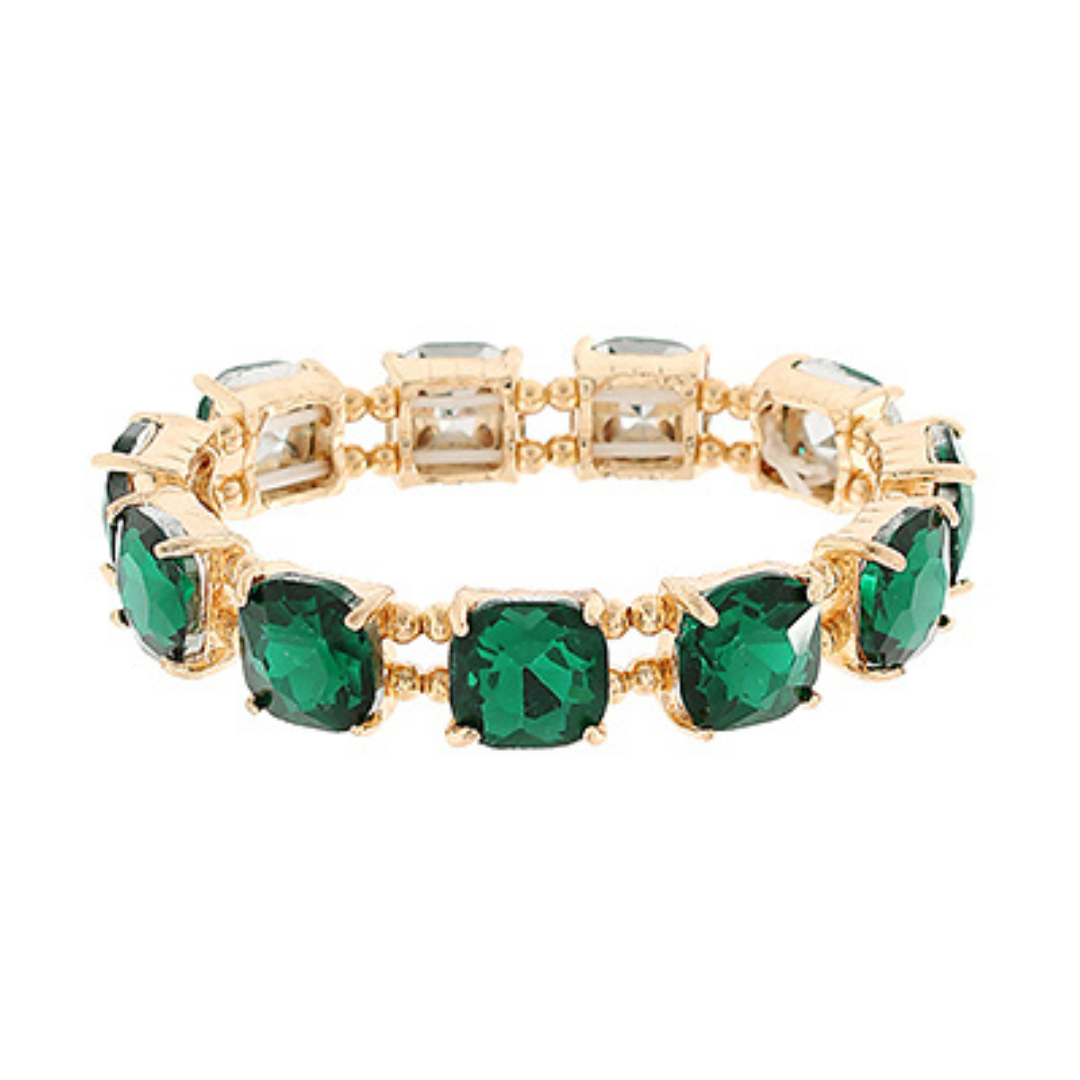 Cushion Cut Glass Stretch Bracelet Christmas Green