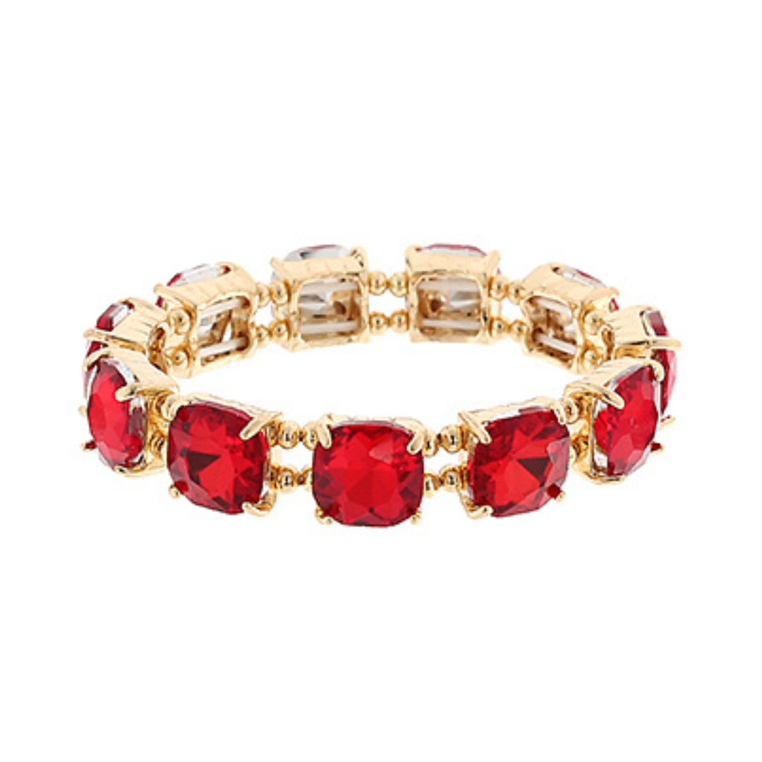 Cushion Cut Glass Stretch Bracelet Christmas Red