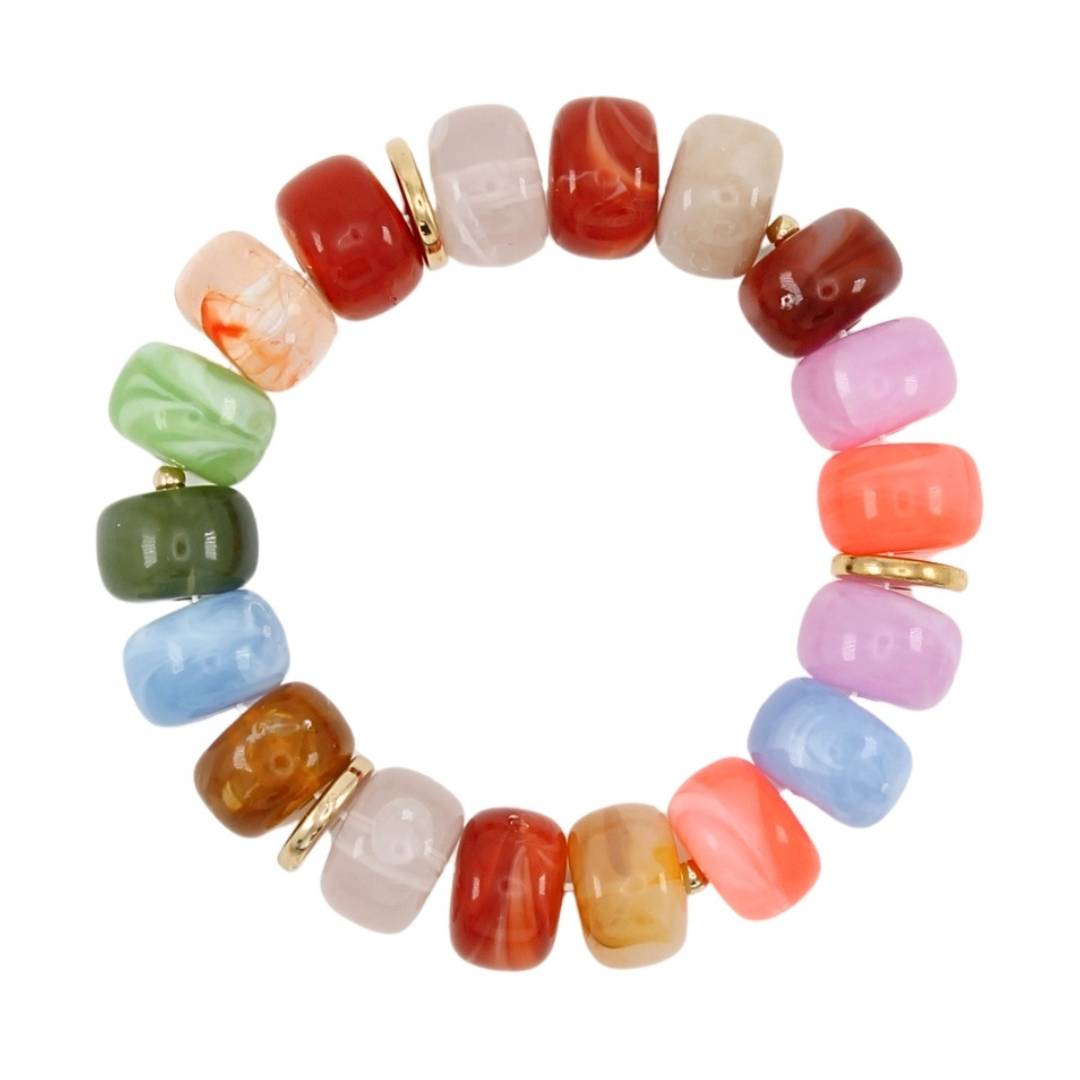 Multicolored Marbled Bauble Bead Bracelet With Faux Gold Disks