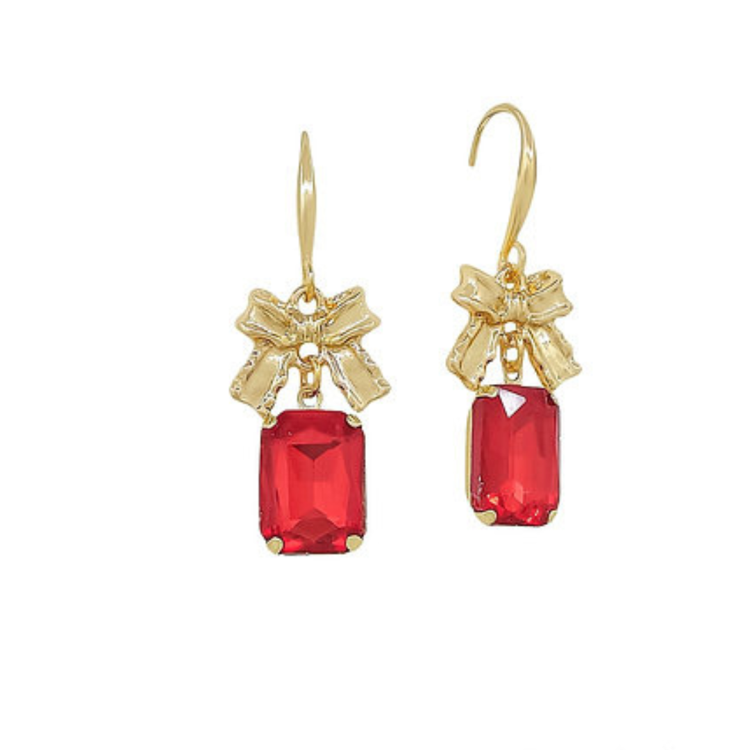 Red Emerald Shaped Glass Earring With Gold Bow