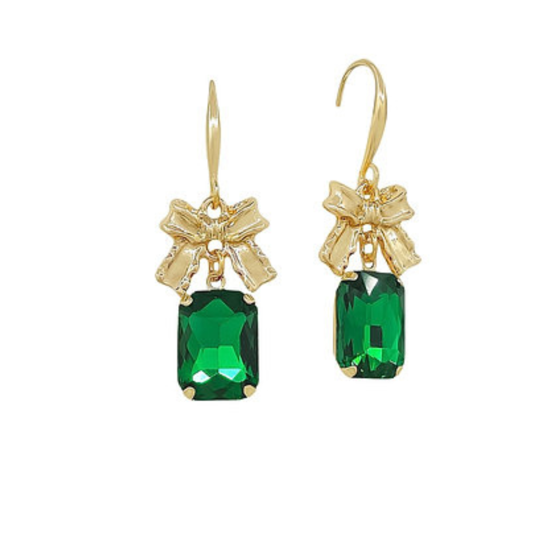 Green Emerald Shaped Glass Earring With Gold Bow