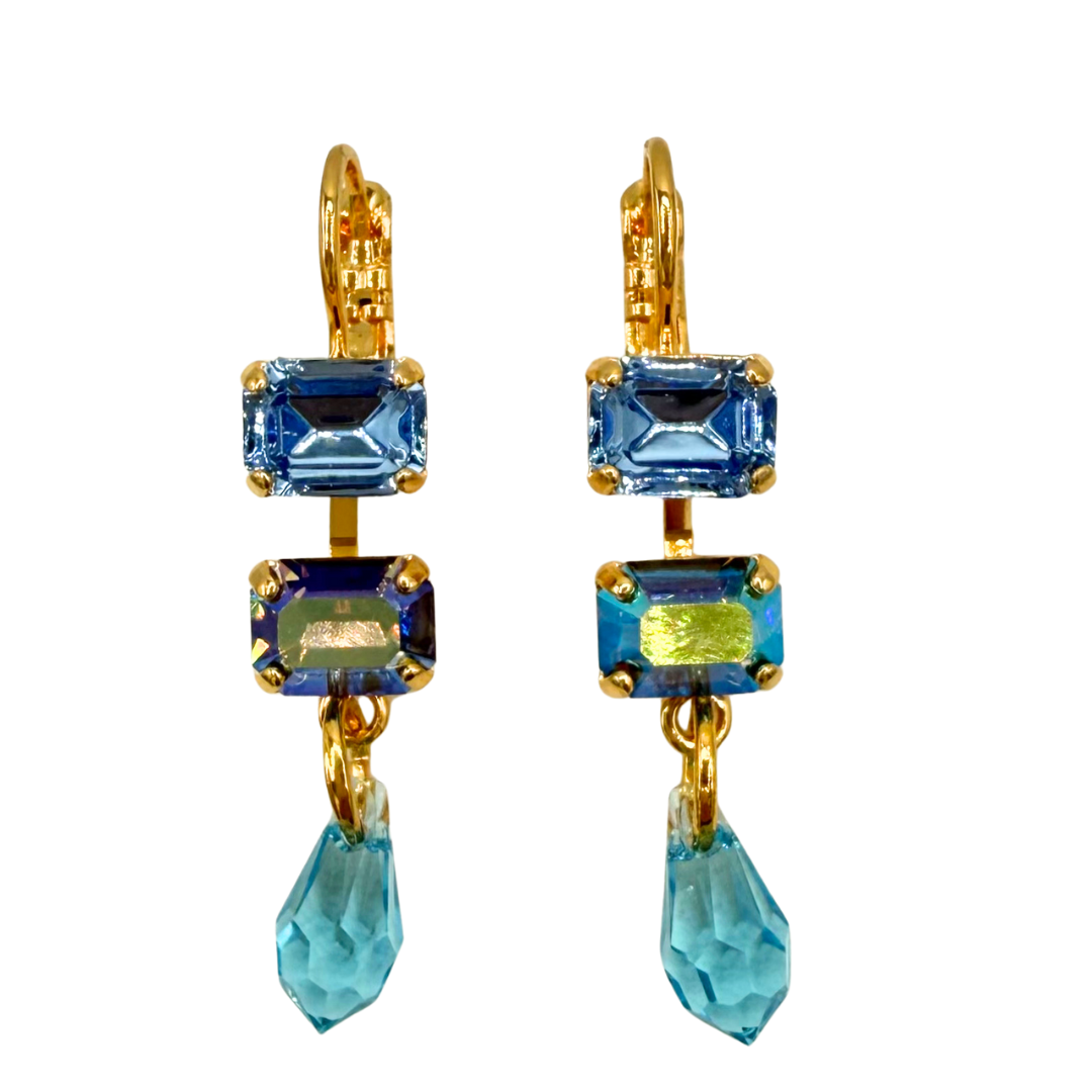 Petite Emerald Cut Dangle Earring Bay Blue on Gold