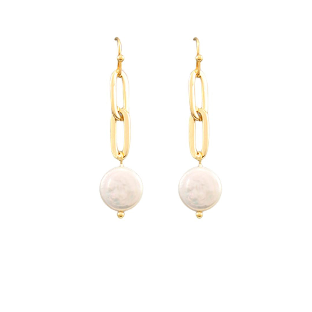 Freshwater Coin Pearl Dangle/Gold Link Earring