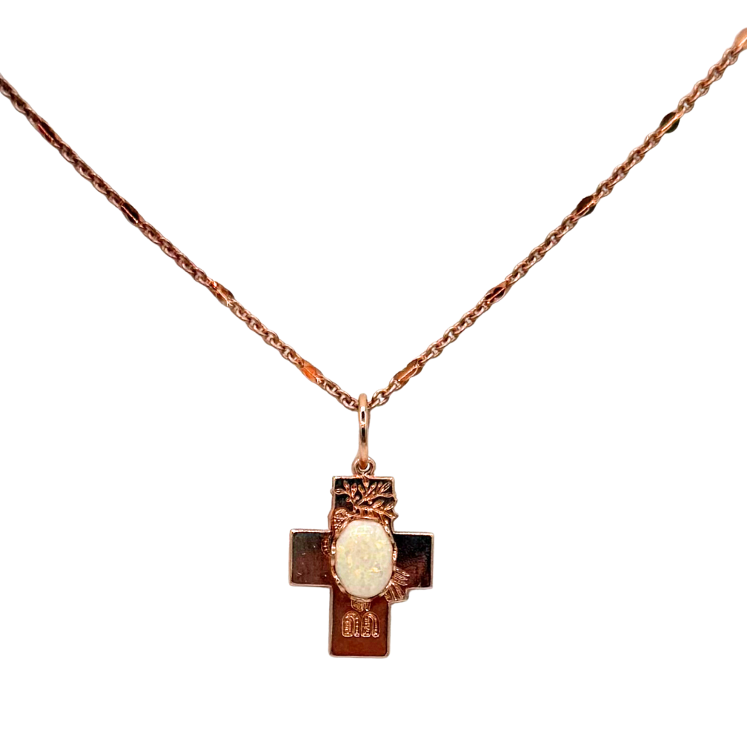 Mariana Simple Cross Necklace in White Opal on Rose Gold