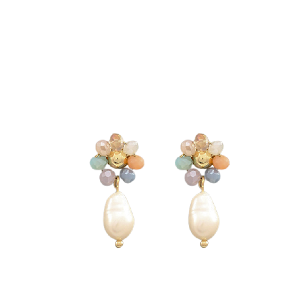 Glass Bead Flower With Freshwater Pearl Dangle Post Earrings