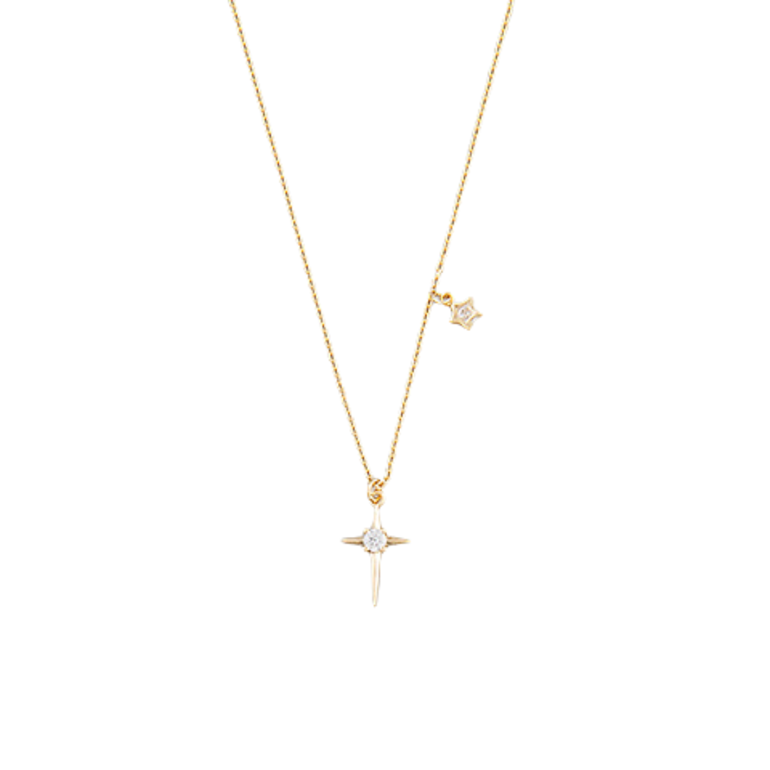Petite Cross Necklace With Star on Gold
