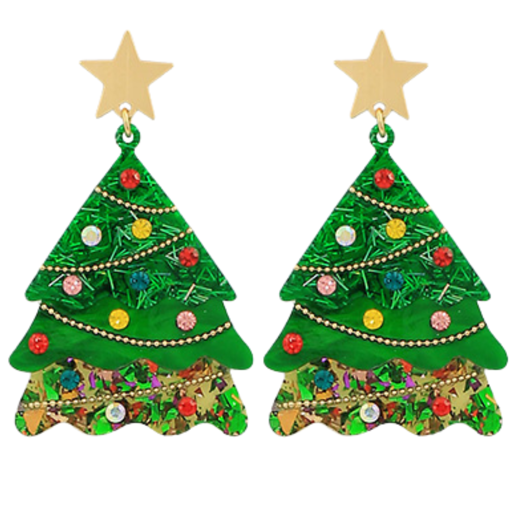 Acrylic and Crystals Christmas Tree Dangle Earrings