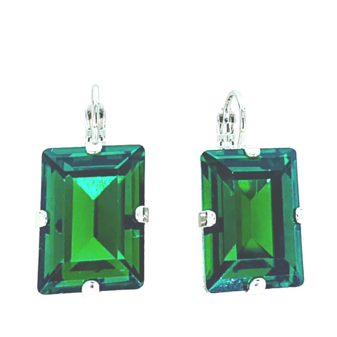 Large Mariana Earring Emerald Cut Earrings Emerald Green on Rhodium