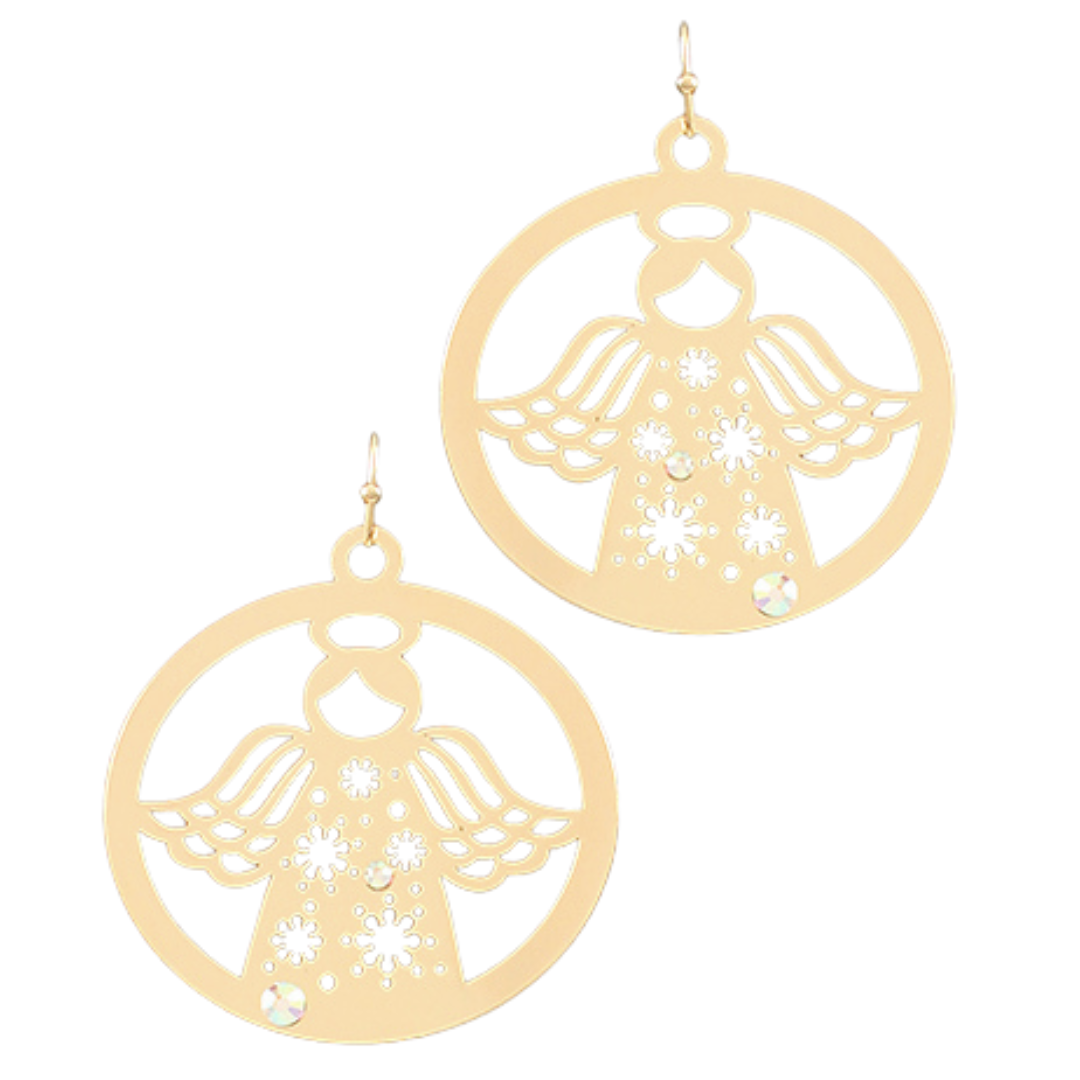 Golden Angel Cut-Out Metal Earrings with Crystals