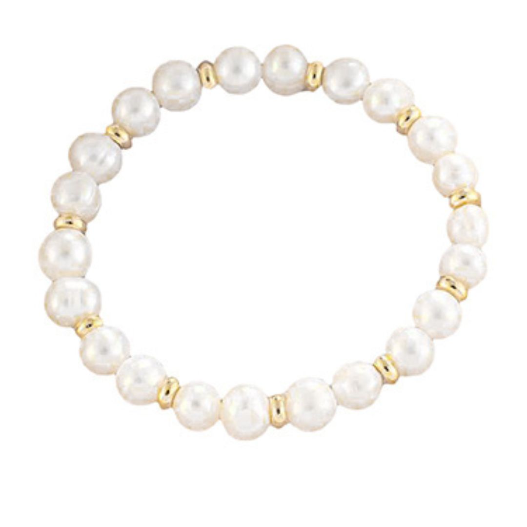 White Freshwater Pearls Stretch Bracelet With Gold Metal Disks