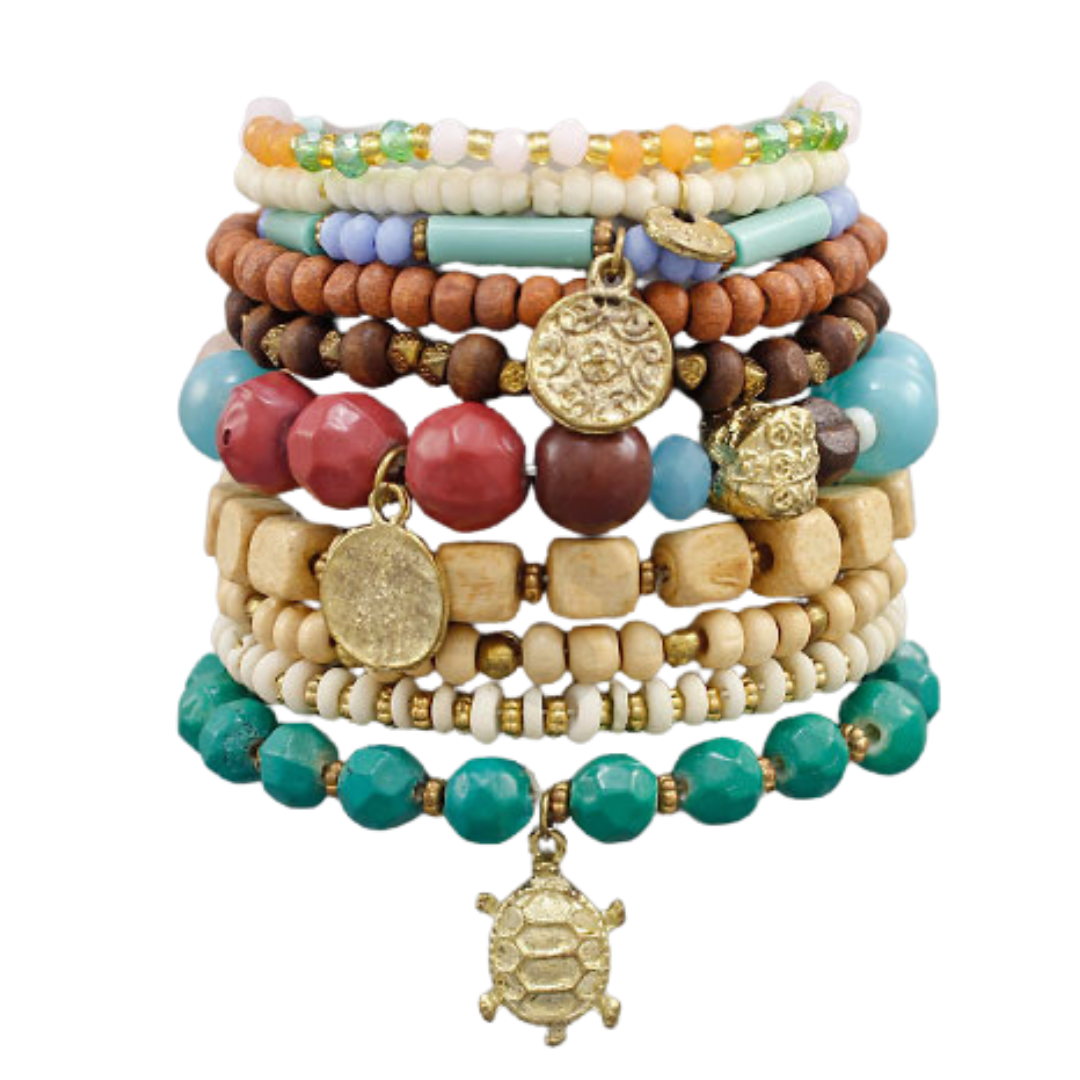 Boho Ten Stack Bracelets With Turtle