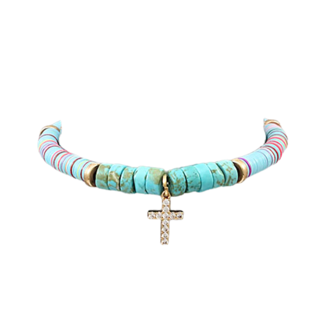 Pave Gold Cross on Turquoise Stone and Sequin Bracelet