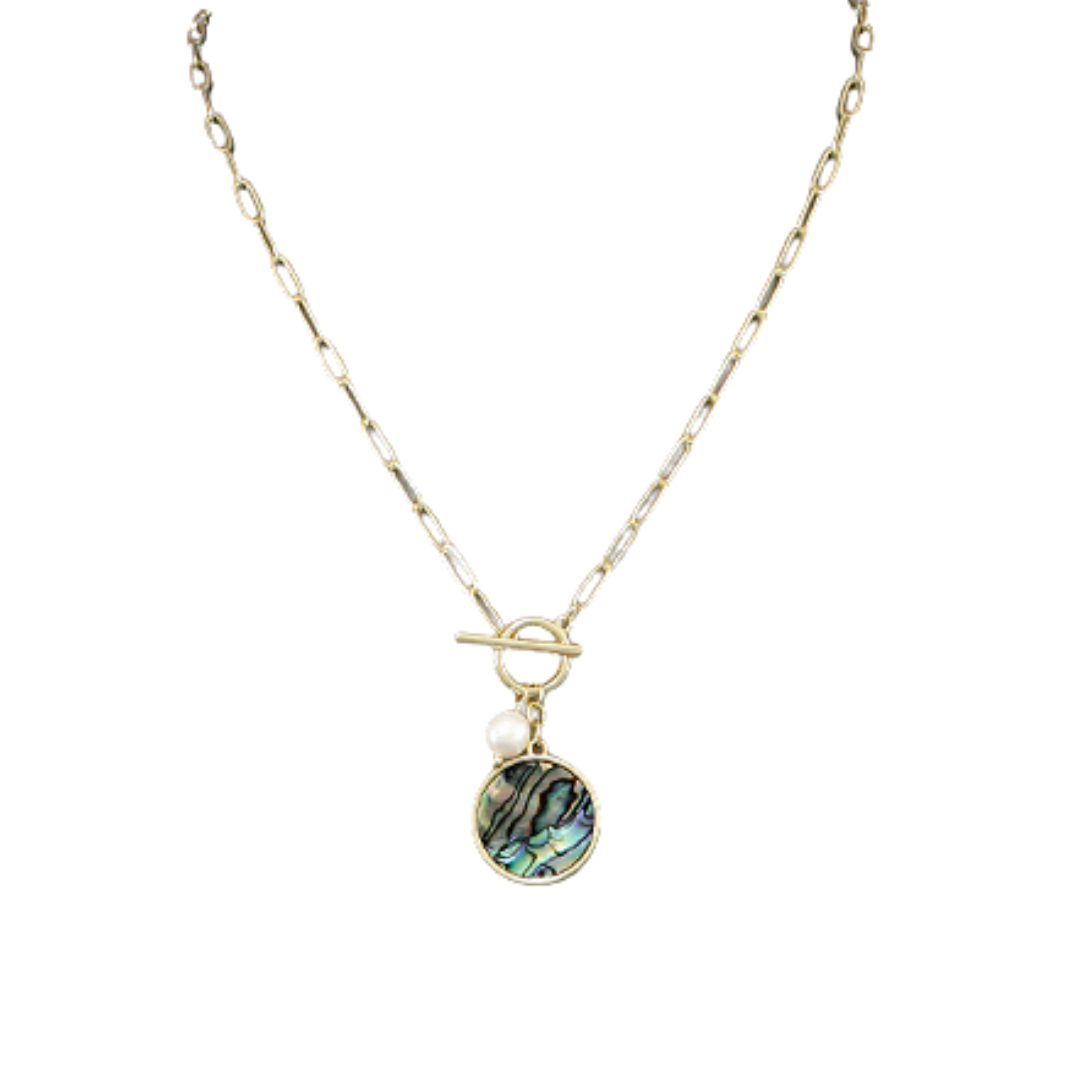 Abalone Disk And Pearl Necklace With Front Toggle Closure on Gold Main image