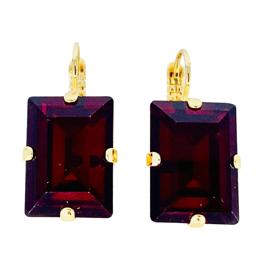 Large Mariana Earring Emerald Cut Earrings Dark Red on Gold