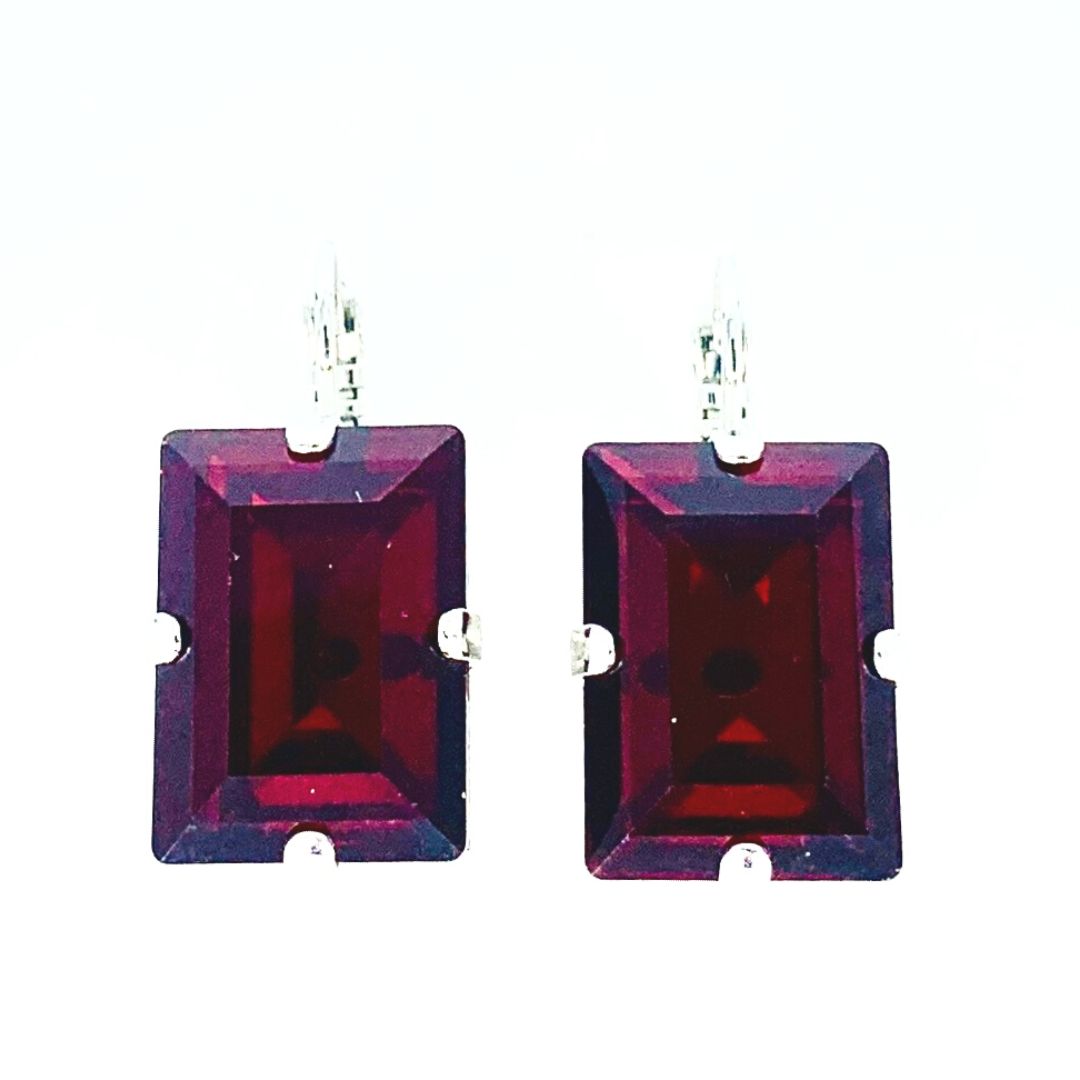 Large Mariana Earring Emerald Cut Earrings Dark Red on Rhodium