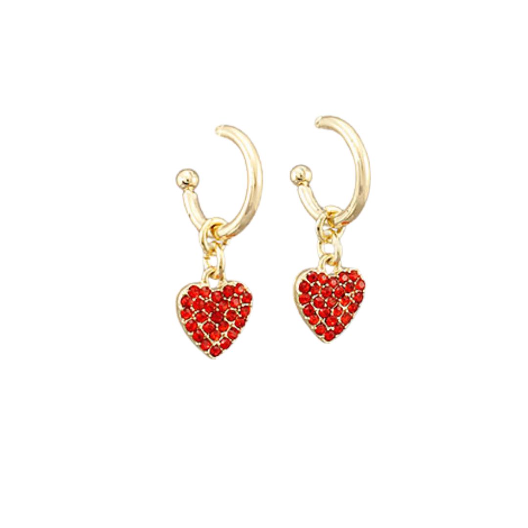 Removeable Red Pave Heart on Gold  Hoop Earrings