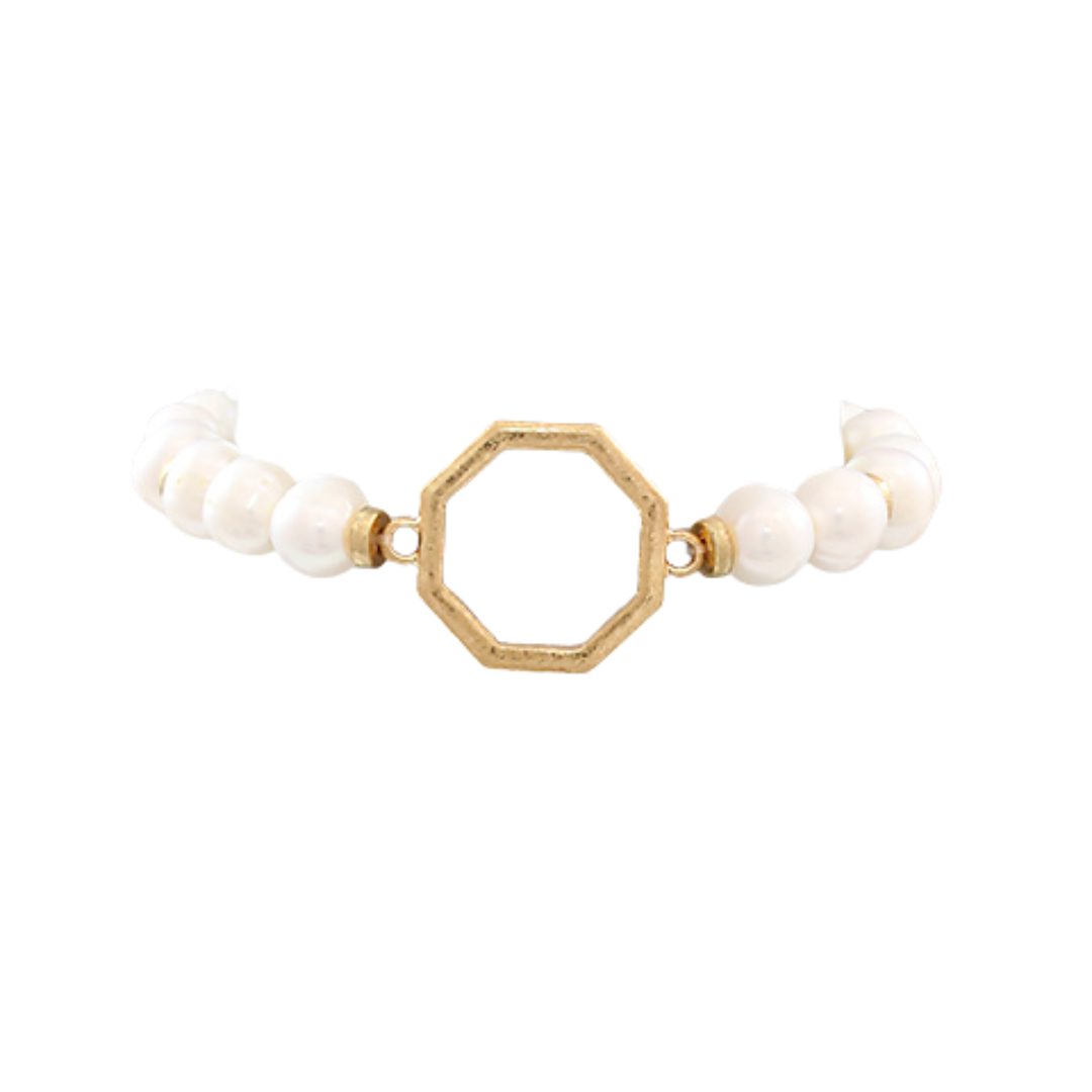 10MM White Freshwater Potato Pearls Stretch Bracelet With Worn Gold Octagon