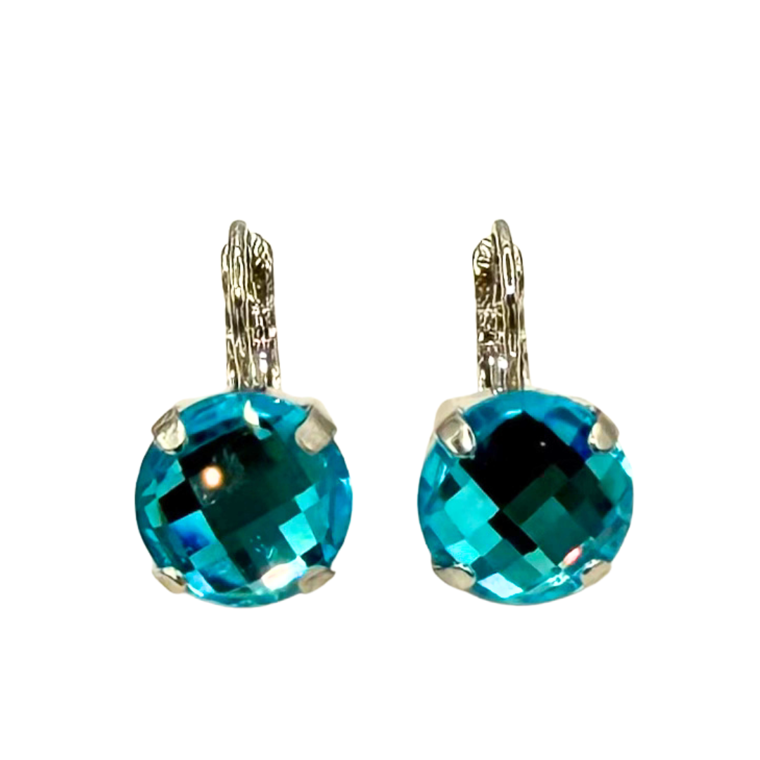 Mariana Earring Large Faceted Bright Aqua Blue on Rhodium