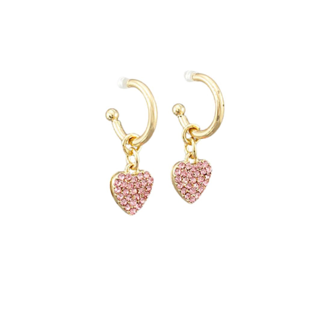 Removeable Pink Pave Heart on Gold  Hoop Earrings
