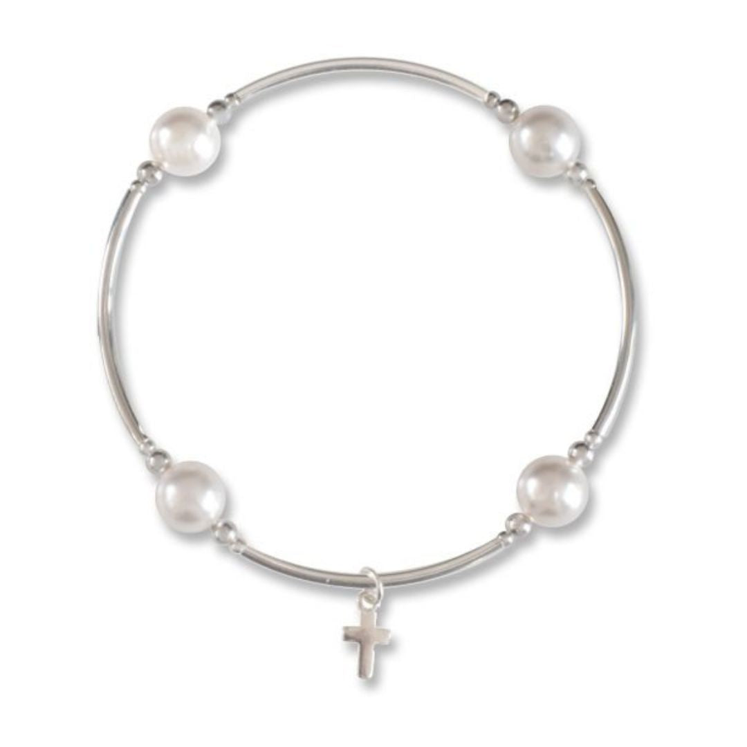 Blessing Bracelet With Tiny Cross in White Pearl and Sterling Silver