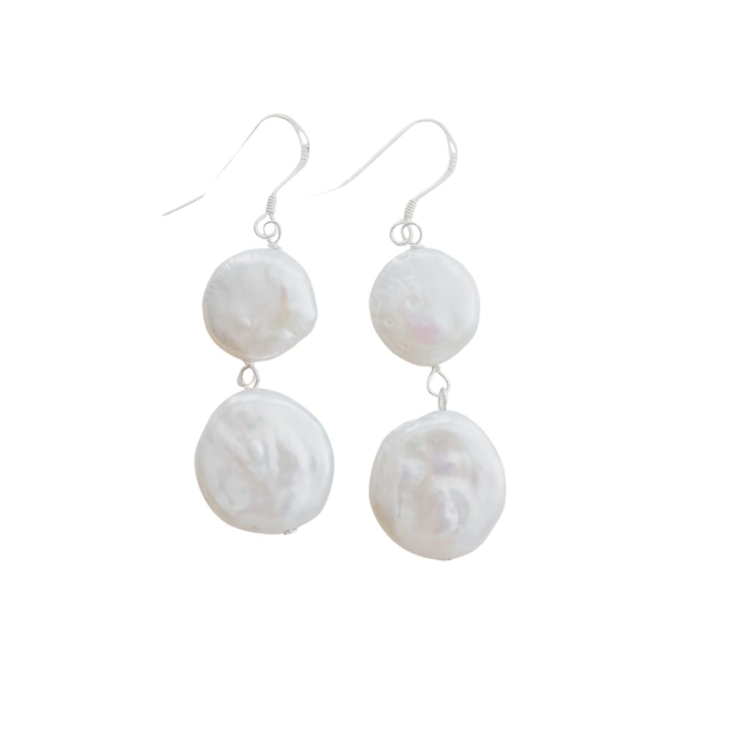 Double Coin Pearl Earrings on Sterling Silver Wires