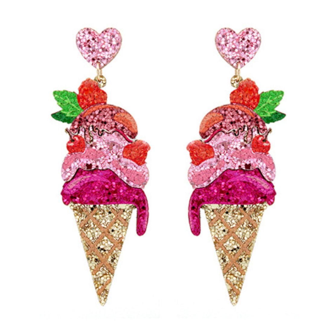 Ice Cream/Heart Glitter Dangle Earrings