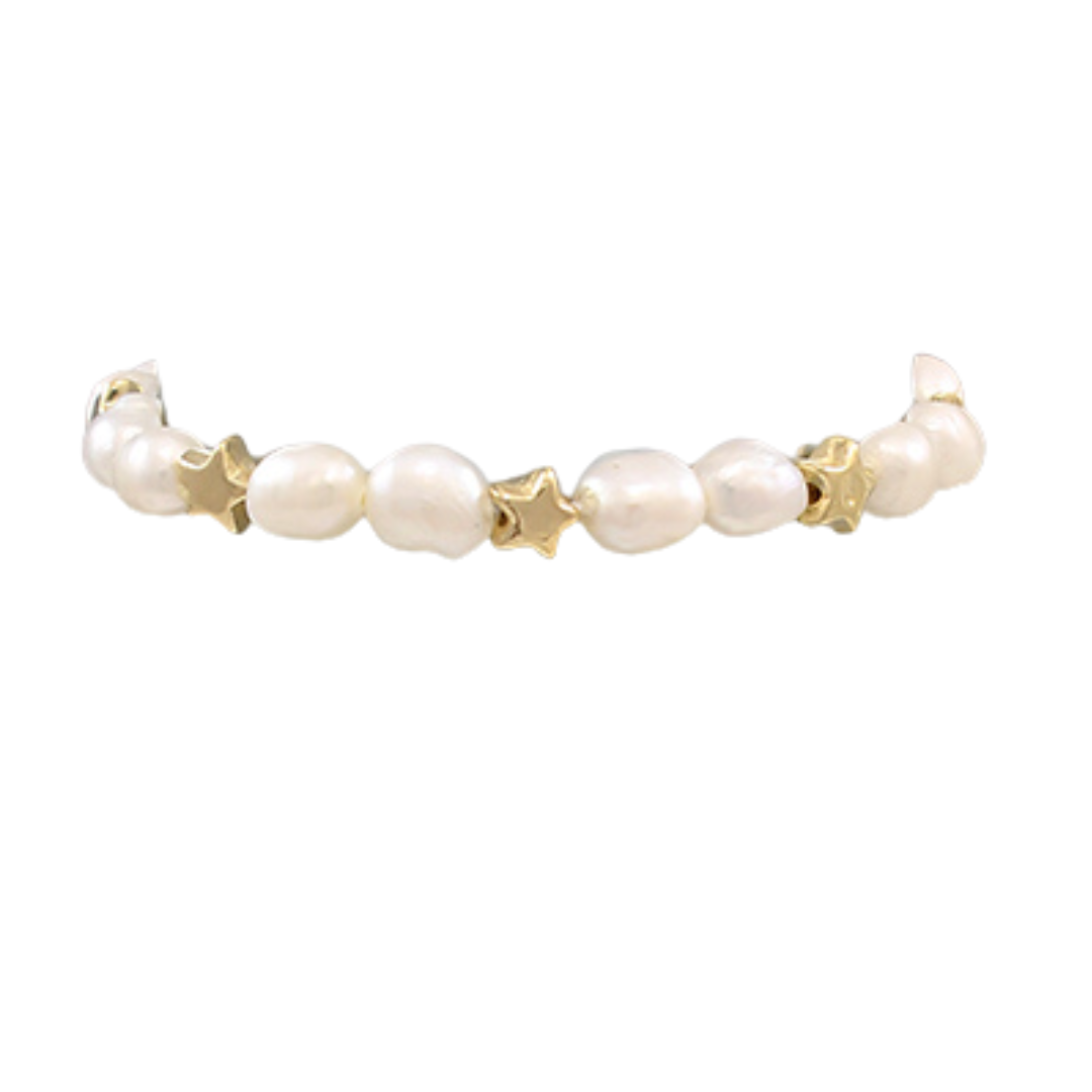 White Freshwater  Pearls Stretch Bracelet With Gold Stars Main image